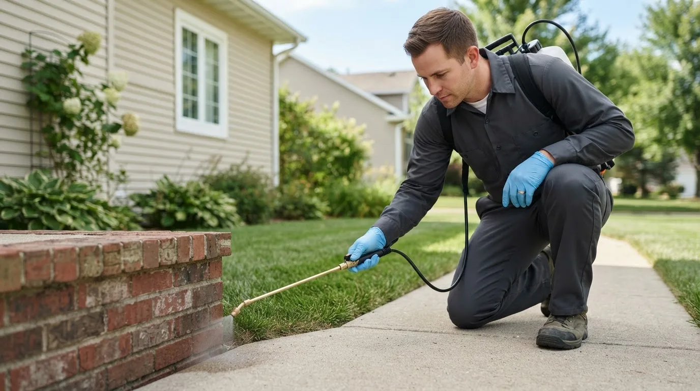 Pest control technician treating a home near Saxonburg, PA